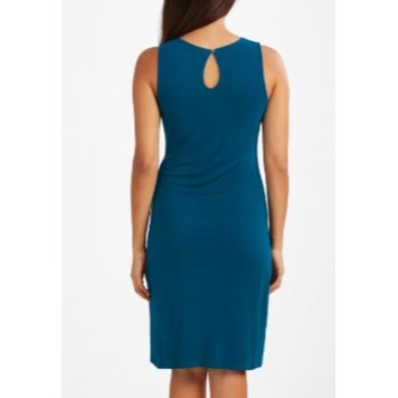 Vince Camuto Size 16 Teal Sleeveless Ruched Bodycon Front Midi Dress Keyhole - Picture 7 of 11